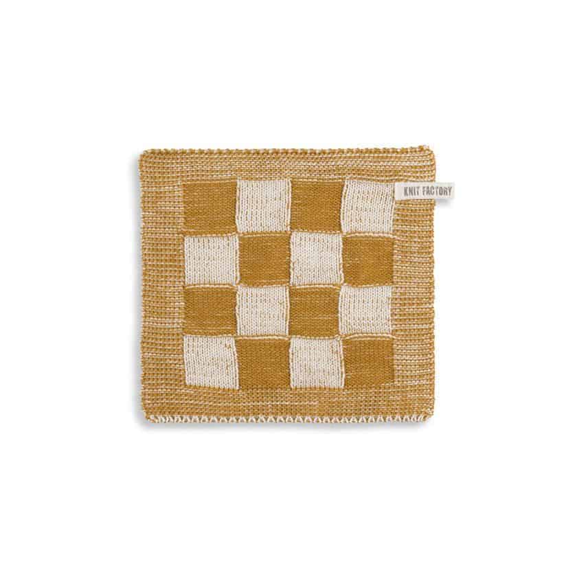 Knit Factory - gebreide pannenlap geruit - oker/ecru