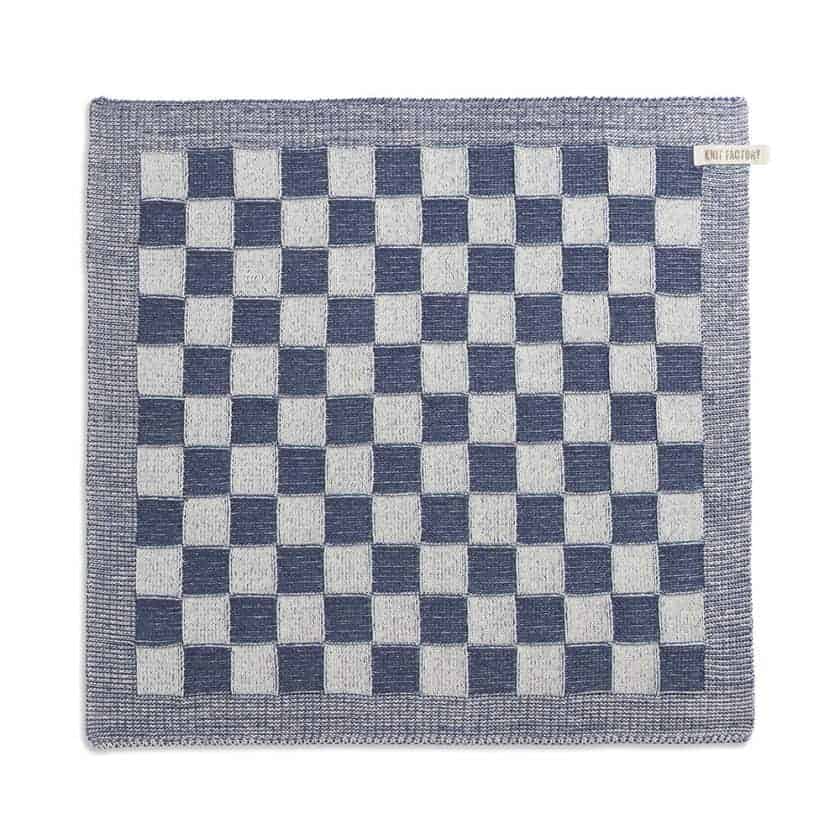 Knit Factory - gebreide keukendoek geruit - jeansblauw/ecru