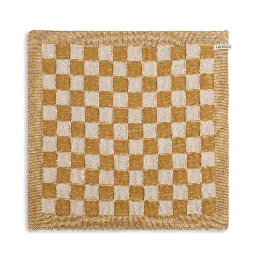 Knit Factory - gebreide keukendoek geruit - oker/ecru